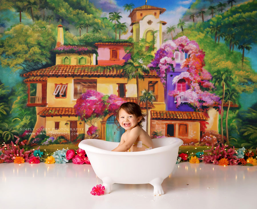 Tyrone cake smash photographer, baby in tub for splash on la casita studio set