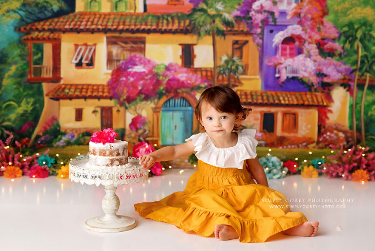 Villa Rica cake smash photographer, baby girl with naked cake for la casita studio session