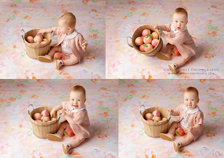 Tyrone baby photographer, girl with basket of peaches on floral backdrop