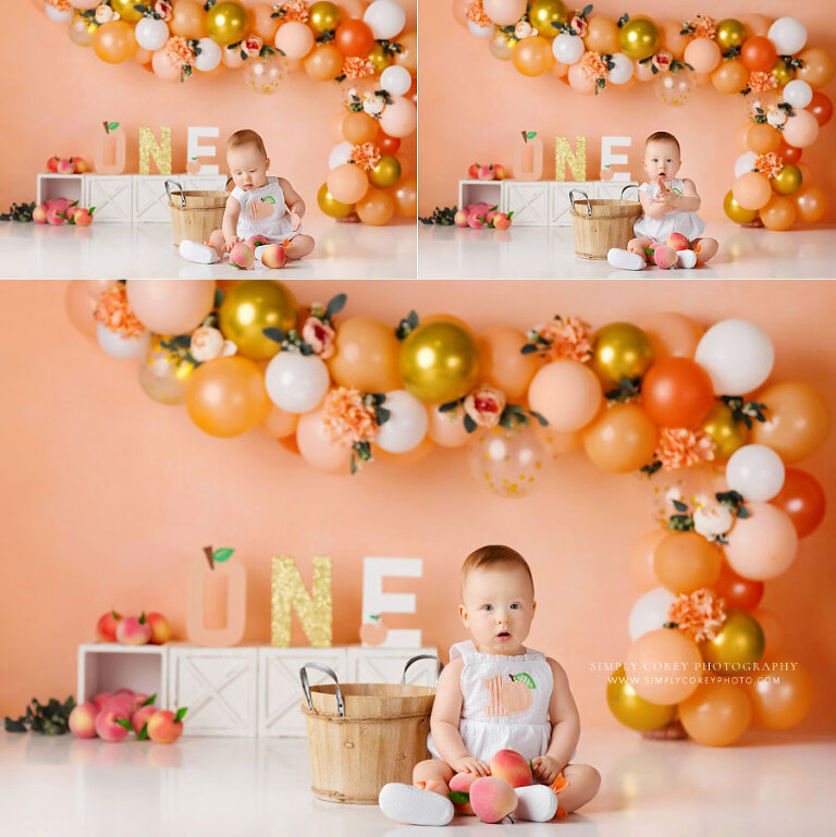 baby photographer near Dallas, GA; girl with peaches before cake smash session