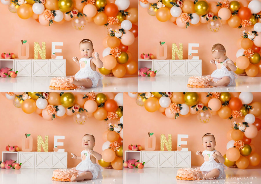 cake smash photographer near Douglasville, peach studio set with balloon garland