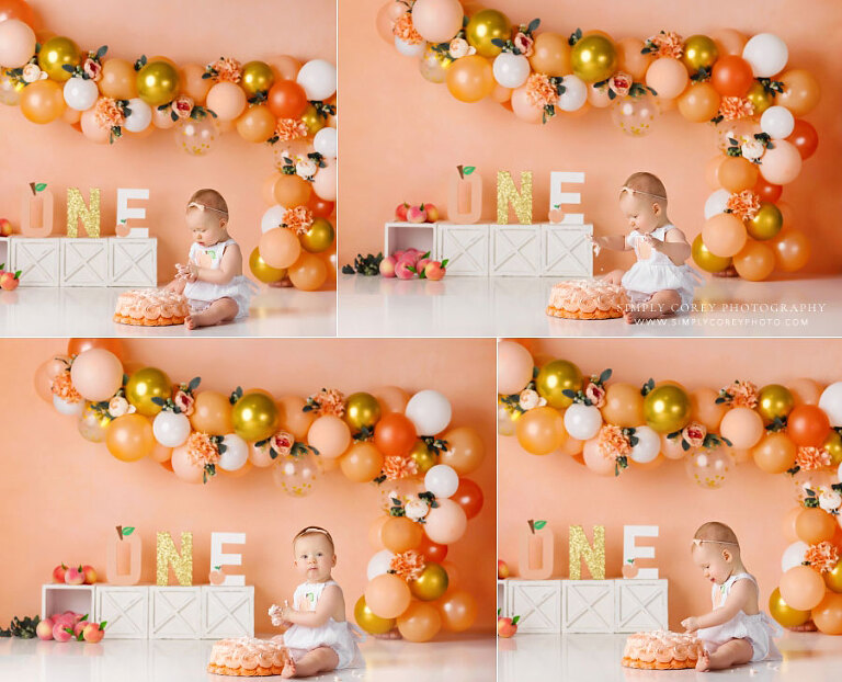 cake smash photographer near Peachtree City, baby with peach set and balloon garland