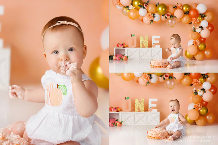 cake smash photographer near Powder Springs, baby girl peach studio set and cake