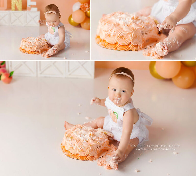 Hiram cake smash photographer, baby girl peach first birthday session