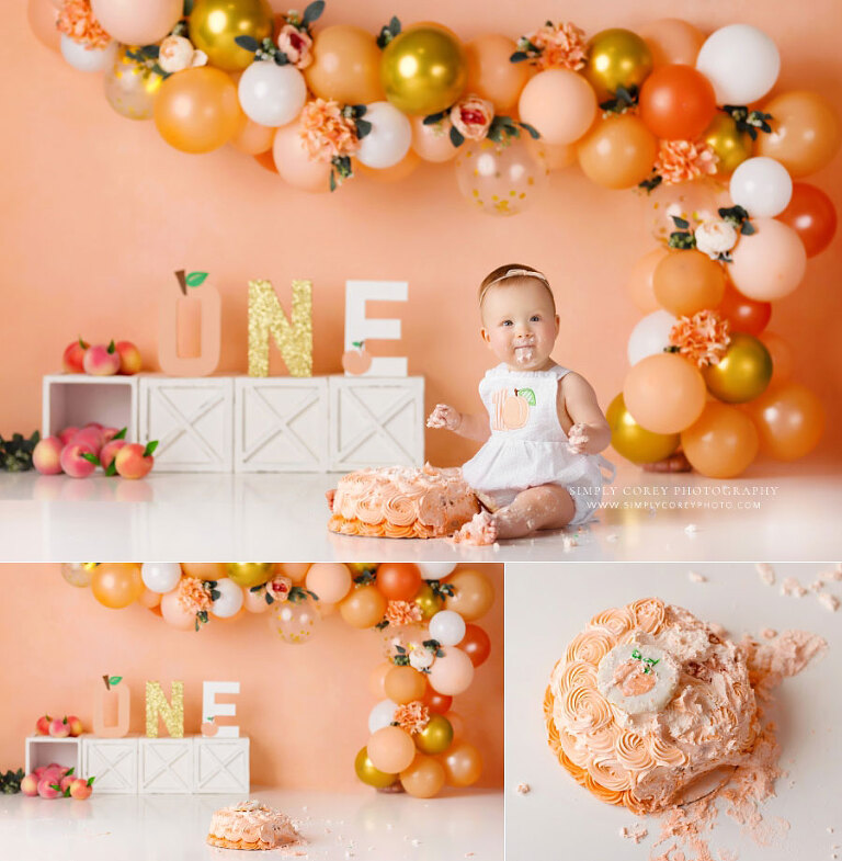 Mableton cake smash photographer, baby girl with smashed peach cake in studio