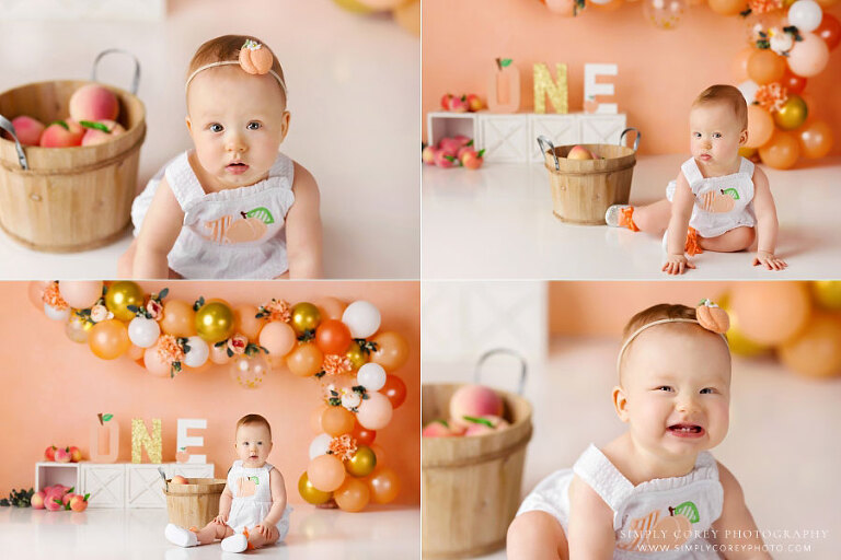 Newnan baby photographer, girl with peaches before cake smash session in studio
