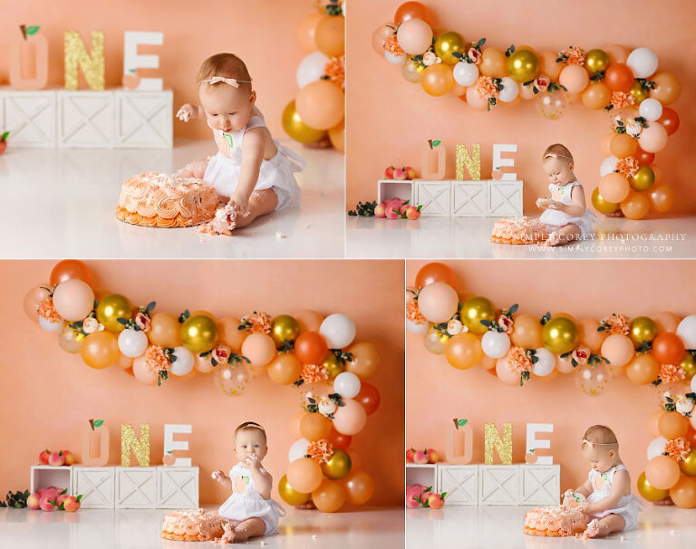 Newnan cake smash photographer, baby girl peach studio theme