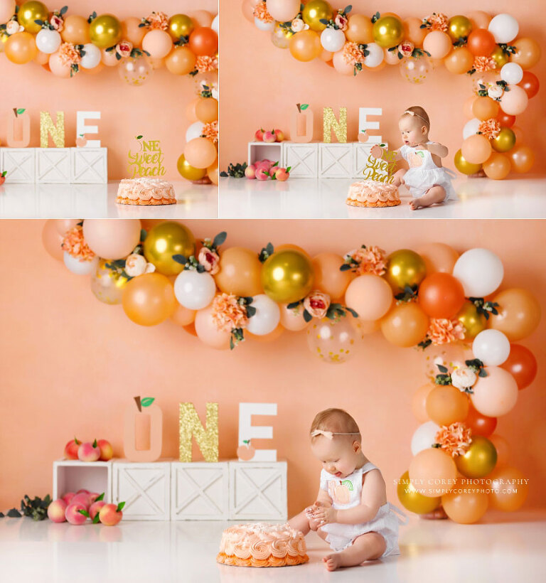 Powder Springs cake smash photographer, baby on peach studio set with balloons