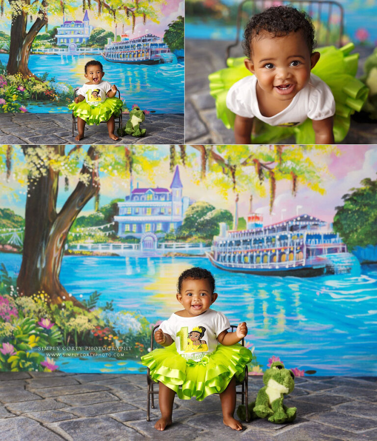 baby photographer near Carrollton, GA; girl with Princess Tiana dress and frog on bayou set
