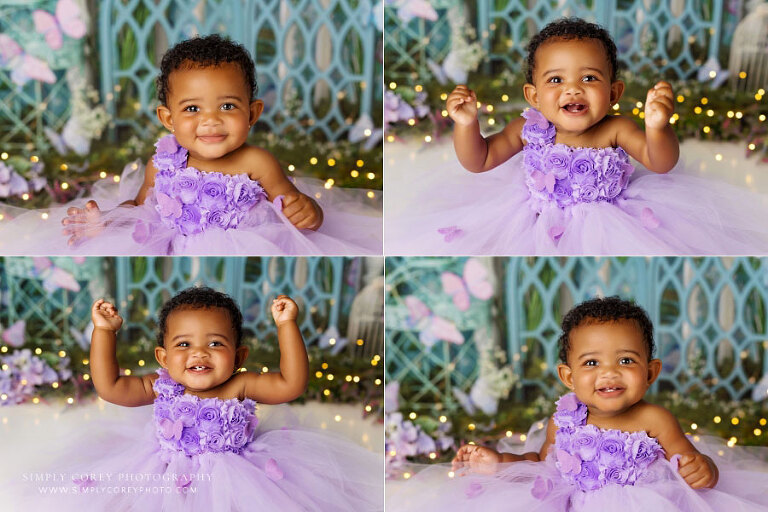 baby photographer near Newnan, girl in purple butterfly dress for first birthday