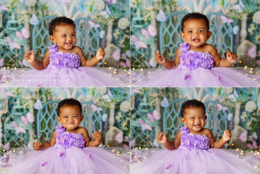 baby photographer near Tyrone, girl in purple butterfly dress for first birthday session