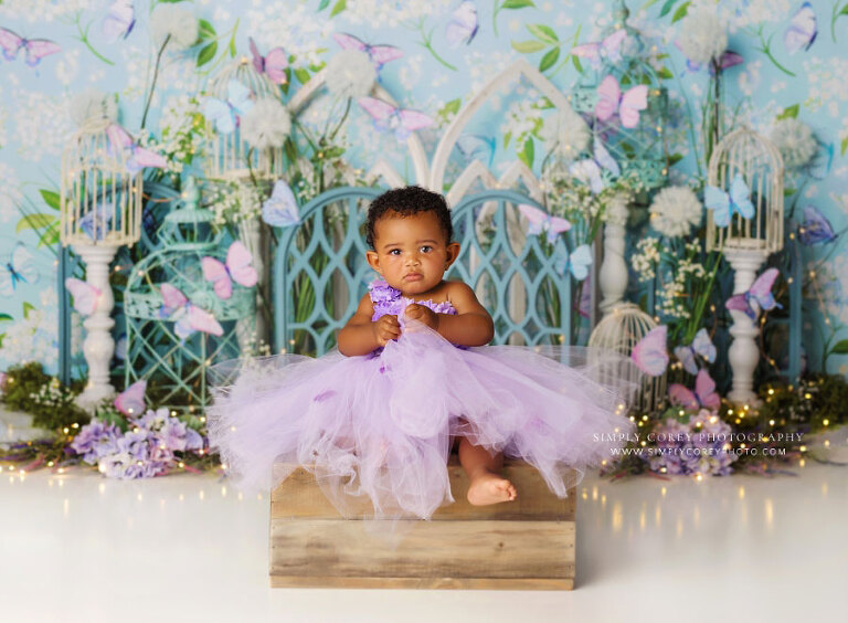 baby photographer near Villa Rica, purple blue butterfly studio milestone session for girl