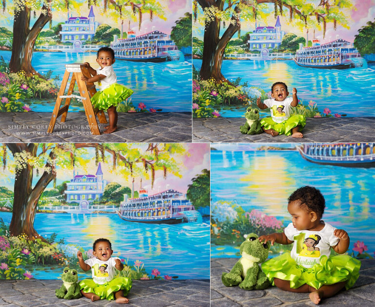 Douglasville baby photographer, girl with Princess Tiana dress and frog with bayou scene