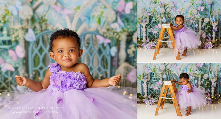 Hiram baby photographer, girl in purple butterfly dress with ladder on floral studio set