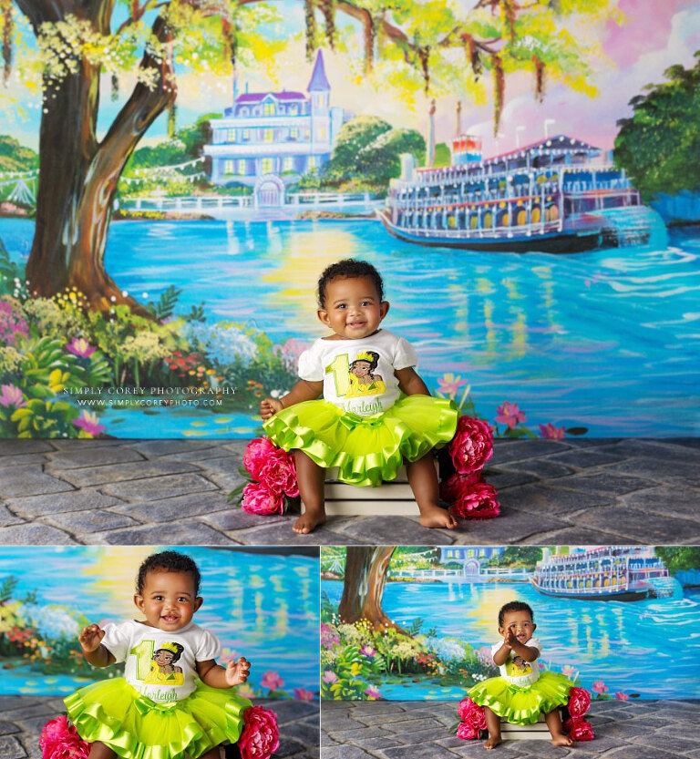 Newnan baby photographer, girl in Princess Tiana dress with bayou backdrop