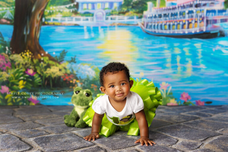 Tyrone baby photographer, milestone session with Princess Tiana dress and frog on bayou set