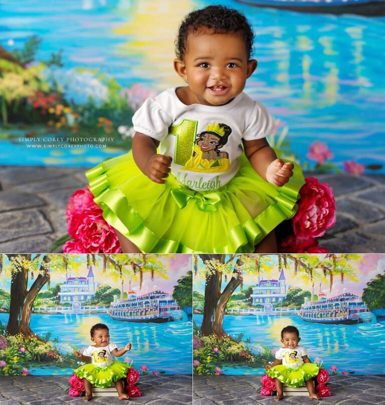 Villa Rica baby photographer, girl in Princess Tiana dress with bayou studio set