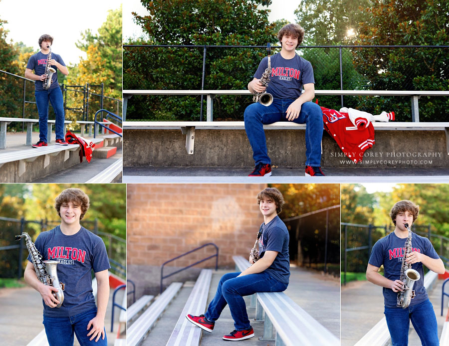 Hiram senior portrait photographer, teen with saxophone on bleachers