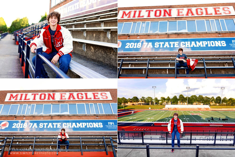 Mableton senior portrait photographer, teen on bleachers at Milton High School