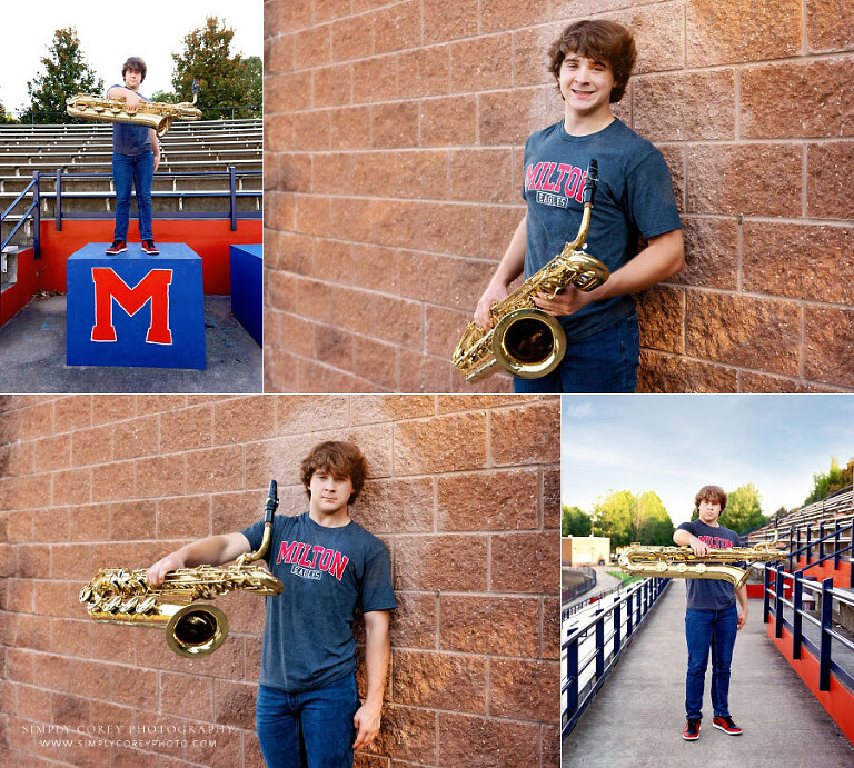 Powder Springs senior portrait photographer, teen with saxophone in high school stadium