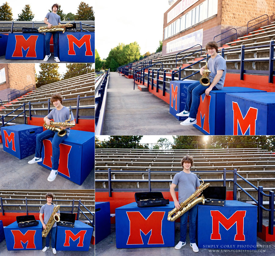 senior portrait photographer in West GA, teen with saxophone at Milton High