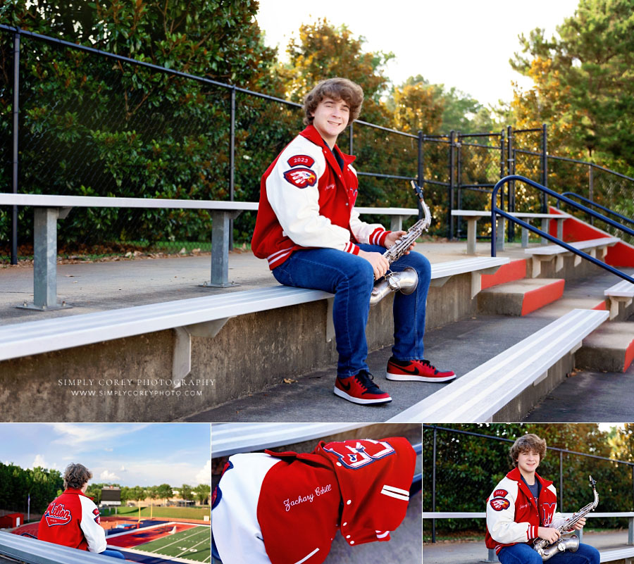 senior portraits near Carrollton, GA; teen with saxophone and letterman jacket at Milton High