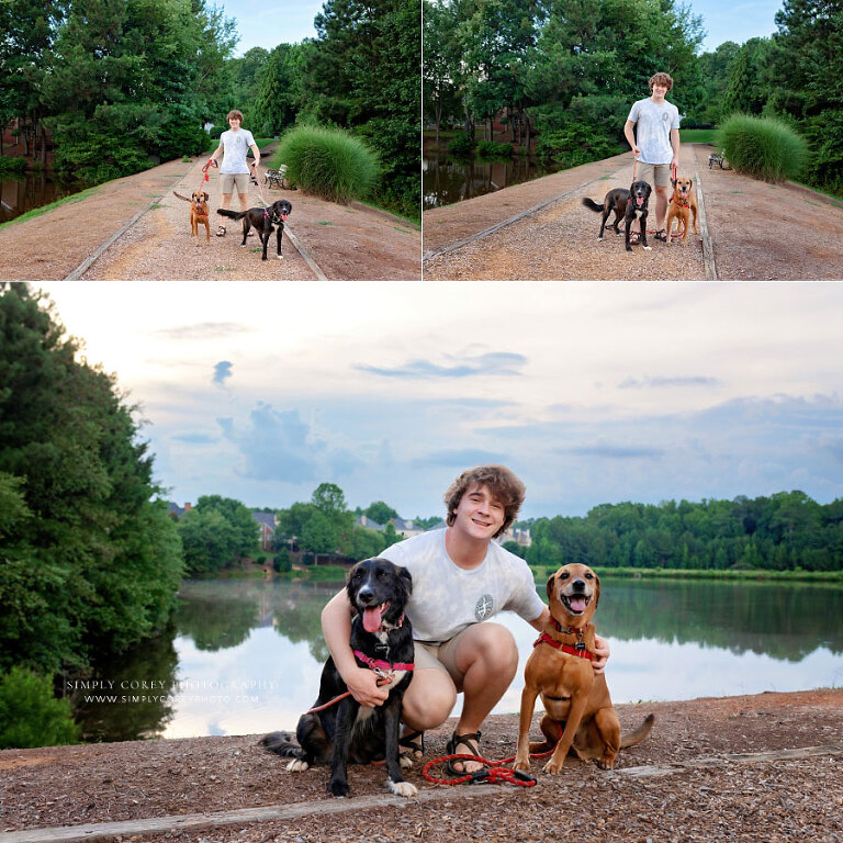 senior portrait photographer near Powder Springs, teen boy outside with dogs