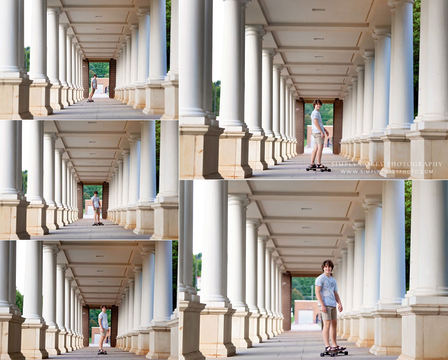 senior portrait photographer near Tyrone, teen boy skateboarding between columns