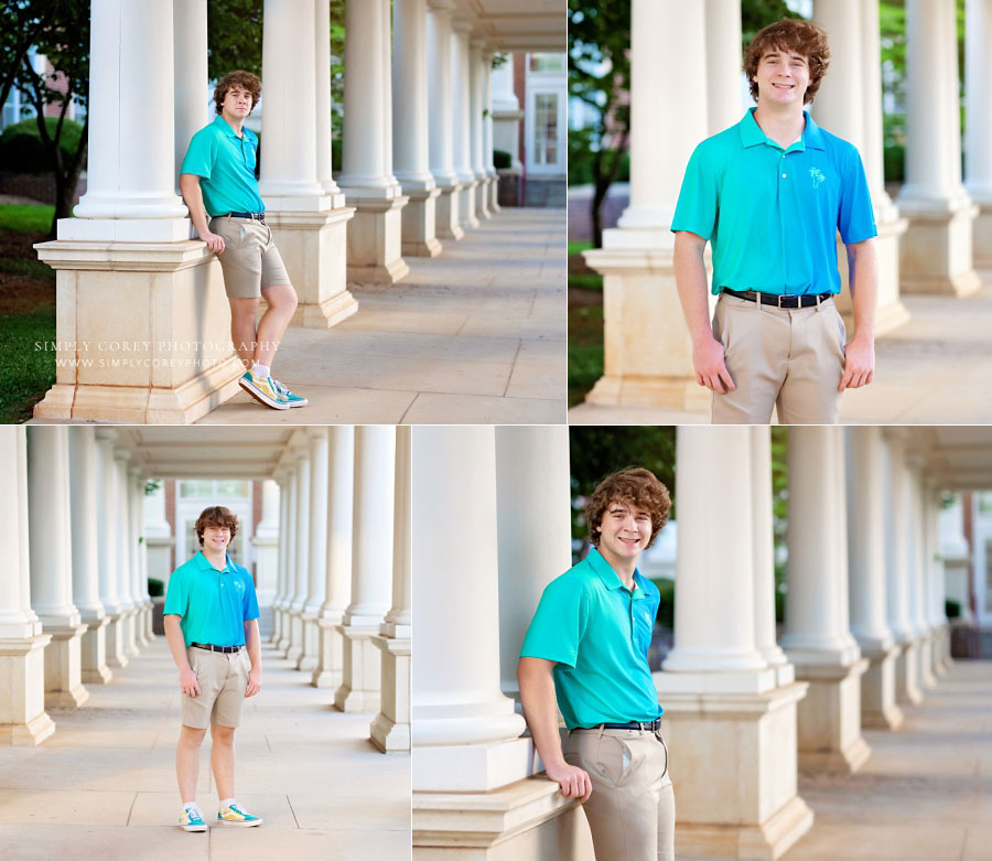 senior portrait photographer near Villa Rica, teen outside by columns at high school