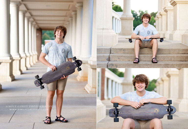 senior portraits near Atlanta, teen boy holding longboard skateboard