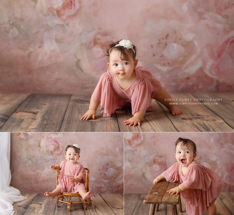 baby photographer near Mableton, studio milestone session with pink floral backdrop