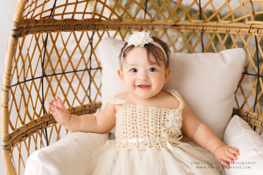 baby photographer near Newnan, nine month milestone session with egg chair