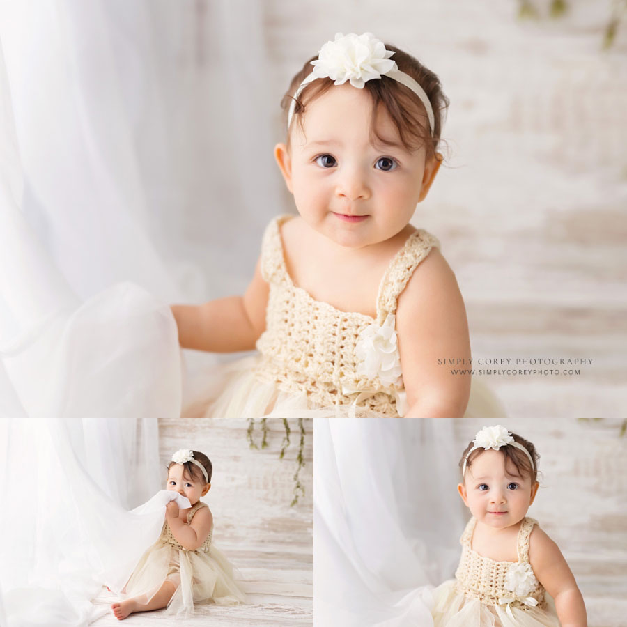 baby photographer near Powder Springs, boho milestone session with white curtains