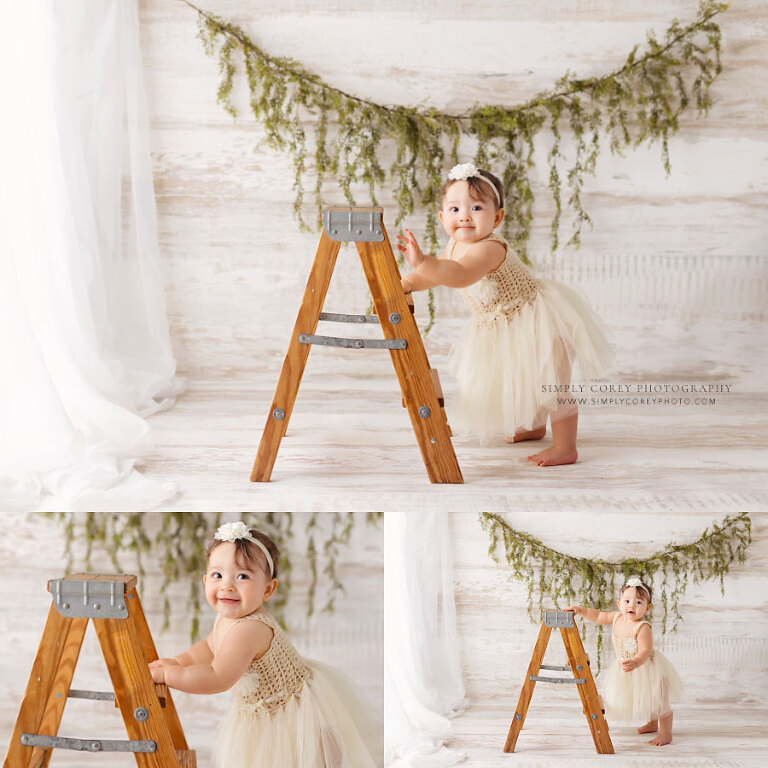 baby photographer near Villa Rica, boho milestone session with ladder and greenery