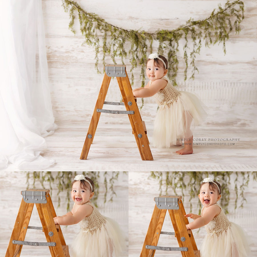 Bremen baby photographer, boho milestone session with wooden ladder