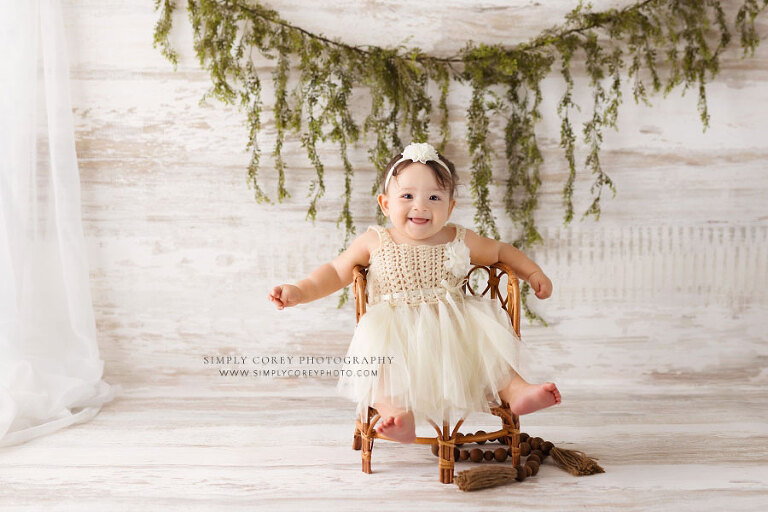 Carrollton baby photographer in GA, boho milestone session with greenery