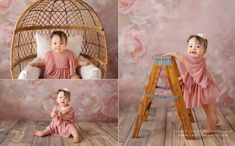 West Georgia baby photographer, studio milestone session with pink floral backdrop