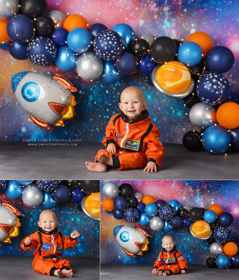 baby photographer near Atlanta, colorful outer space studio set with balloons
