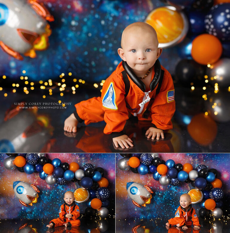 baby photographer near Dallas, GA; space studio set with astronaut suit and balloons