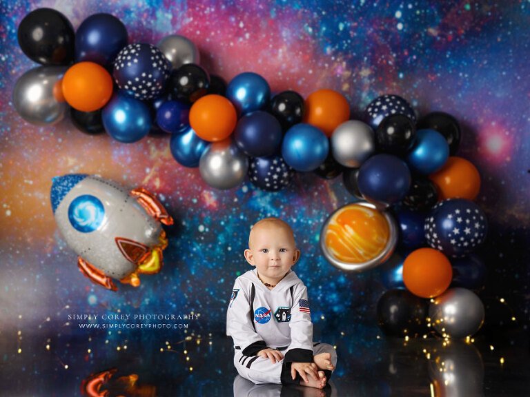 Carrollton baby photographer in Georgia, space studio theme with balloon garland
