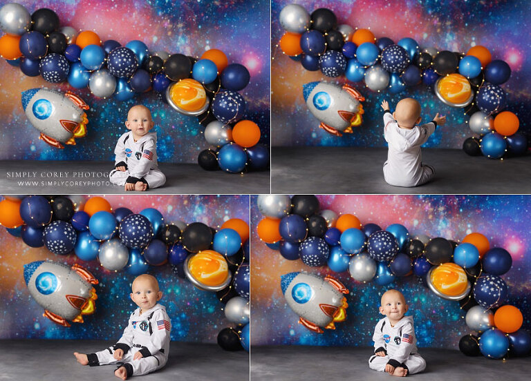 Hiram baby photographer, outer space studio milestone session with balloons