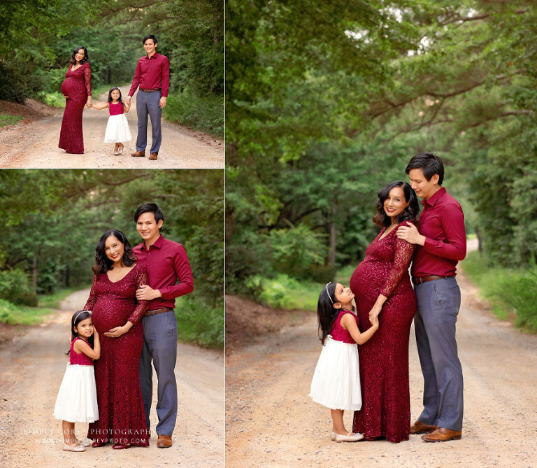 Douglasville family photographer, outdoor maternity portraits in burgundy outfits