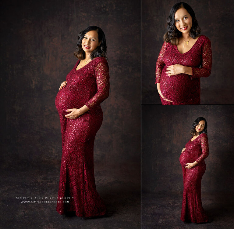 Carrollton maternity photographer in GA, studio pregnancy portraits in burgundy dress