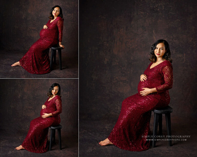 Mableton maternity photographer, studio portrait session in burgundy dress
