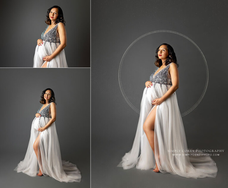 maternity photographer near Newnan, studio pregnancy portraits on gray with halo