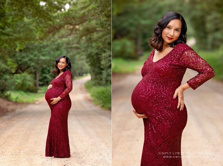 maternity photographer near Villa Rica, outdoor pregnancy portraits in burgundy dress