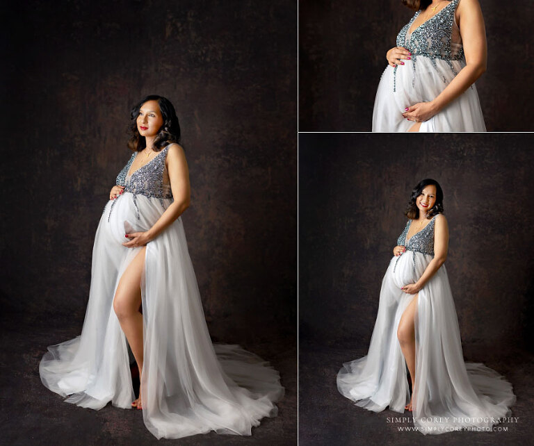 Newnan maternity photographer, studio portraits in silver tulle dress
