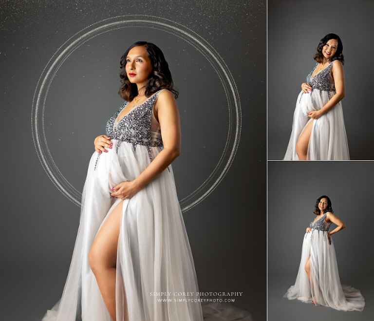 Villa Rica maternity photographer, studio portrait session on grey backdrop with halo