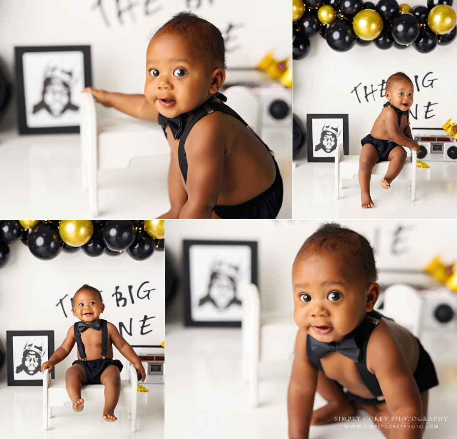 baby photographer near Carrollton, GA; black and gold big one studio session