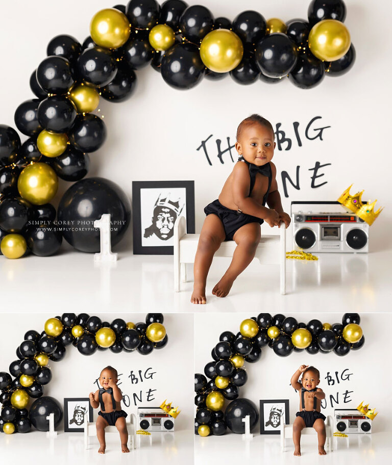 baby photographer near Douglasville, big one studio theme with black gold balloon garland